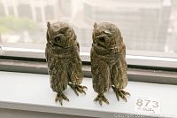 Two cast metal owl figures about 7 in tall, side by side on a window sill with lot label showing 873 and the word Owls