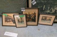 Four framed prints signed Nicholas Hornyansky arranged on floor showing visible stains and vintage frames.