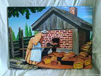 Full view of the painting depicting a woman baking bread outdoors.