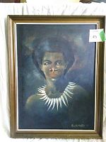 Full view of the framed painting depicting a portrait of a person with an afro and white necklace.
