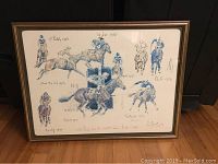 Full view of the framed print showing horse racing scenes and jockeys with handwritten notes and signature.