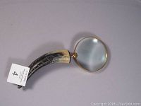 Full view of the magnifying glass showing curved horn handle with carved designs and brass-framed lens.
