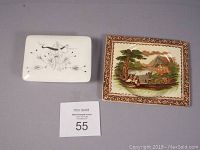 Two items: white rectangular Wedgwood jewelry box with black floral designs and antique Royal Staffordshire Squire rectangular plate with scenic illustration and patterned border.
