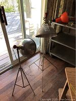 Two vintage photo lamps standing on wooden floor near sliding glass door, showing full lamps and tripods.