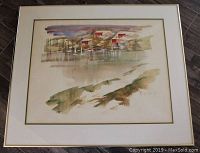 Framed watercolor painting showing abstracted landscape with architectural elements, signed by Alfred Birdsey.