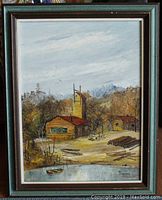 Full view of framed original oil painting showing logging camp scene with river and boat