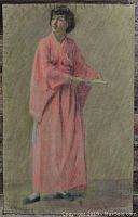 Full view of pastel drawing of woman in pink kimono holding an object, signed and dated.