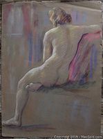Full view of the pastel drawing showing a nude female figure seated, back facing viewer, in soft pastel colors on paper with some visible age wear.