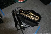 Alto saxophone body seated in open soft case alongside stand and strap