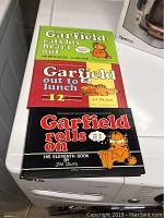 Three Garfield comic strip books stacked, showing front covers with titles and artwork of Garfield the cat.