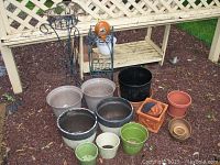Overview of all pots, metal plant stands, and birdhouse arranged outdoors on wood chip ground with lattice background.