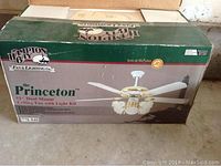 Box showing front label and image of the fan, confirming brand, model, size, and features