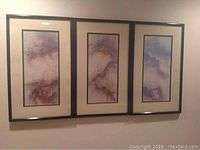 Framed triptych watercolors hung on wall showing three panels side-by-side with black frames and white mats. Each panel is 28" x 17".