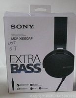 Front view of original Sony MDR-XB550AP headphone box showing branding, model, Extra Bass feature, and image of headphones.