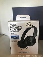 Front view of the Sony MDR-ZX110NC headphone box showing noise canceling feature and product image.