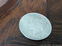 Obverse side of 1922 Liberty Peace silver dollar coin showing Liberty's head and details of the design.