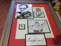 Framed collage picture showing four images of Dale Earnhardt and a signature replica with red mat board.