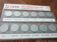 Two plastic holders containing 1999 Canadian Millennium quarters arranged by month January to December, each coin marked with year 1999 and commemorating Canada's past.