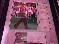 Framed color photo of Tiger Woods mid-swing with spectators in background, surrounded by a marbled pink mat.