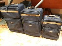 Three dark blue suitcases lined up by size from large to small on a carpeted floor