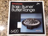 Box front showing Toastmaster Basic Burner Buffet Range with model 6420 and product image of the single electric burner.