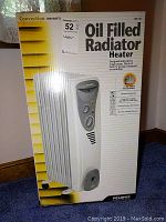 Front view of the Pelonis oil filled radiator heater box showing product image and details.