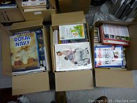 Three boxes filled with assorted vintage and used books on various topics including history, geography, pets, gardening, and personal finance.