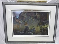 Full view of the framed print featuring two wood ducks by the pond, with detailed surrounding branches and autumn leaves.