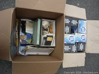 Two cardboard boxes filled with assorted sundry items including glass pieces and packaged watering bulbs