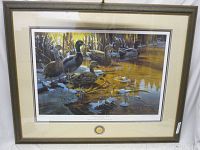 Full view of framed print showing mallard ducks in water in natural setting