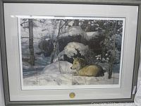 Framed print showing a wolf laying in a snow-covered wooded scene.