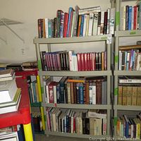 Four shelves of assorted books with visible titles including historical and literary works.