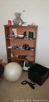 Wide shot of wooden bookshelf filled with various items including pink mouse doll, vintage books, and marble bookends. Beige exercise ball and black plastic bin on floor.
