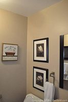 Three framed prints in bathroom above toilet. One print shows vintage bathtub with script, other two are close botanical prints in black and white.