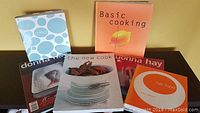 Collection of 6 cookbooks including Donna Hay titles, Basic Cooking, Juices and Smoothies, Chilled Cool Cocktails, and Fab Food book.