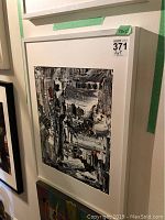 Framed abstract painting with textured, layered brush strokes and white frame, labeled with size 28x21 and MaxSold tag 371.