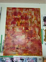 Front view of the original abstract painting on canvas by Alex Hare showing the full artwork with dominant red, pink, and orange tones.