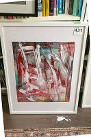 Framed abstract painting featuring white, red, and teal colors with textured brush strokes, set against a bookshelf background.