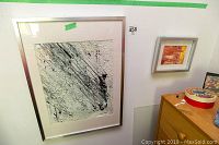 Large framed black and white abstract artwork by Alex Hare, showing texture and signature, measuring about 21x24 inches.