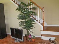 Photo showing the three items with a TV and staircase in background, size range from 16 to 69 inches tall.