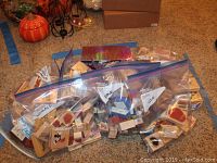 Photo of rubber stamps organized in multiple clear ziplock bags labeled by themes including Animals, People, Love, Nature, Words & Sentiments, displayed on carpet.