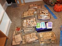 Overview of large collection of rubber stamp sets in plastic cases, featuring various themed images and sentiments.