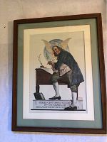 Framed lithograph with Benjamin Franklin signing Declaration of Independence with pale green mat and wood framing