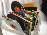 View of 45 RPM records standing vertically in a plastic bin, showing the variety of artist sleeves and record labels.