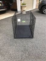 Front view of black metal dog crate standing on driveway, showing rectangular shape and plastic tray base.