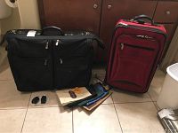 Photo showing Sharper Image black wheeled suitcase and Sigg red wheeled suitcase with collapsible handle, lunch bags and plug adapters in front