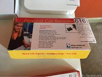Closed box showing product packaging and key features.
Box states it automatically records calls on your PC, records important calls, accesses calls instantly, traces calls and keeps notes.
