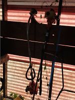 Two gas powered trimmers hanging, one curved shaft with black fuel tank, one straight shaft with off-white tank