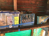 Plastic bins and crate on a wooden shelf containing bungee cords in various sizes and colors.