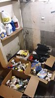 Overview of four cardboard boxes filled with assorted cleaning liquid bottles and black trash bags on a concrete floor in a basement or storage area.